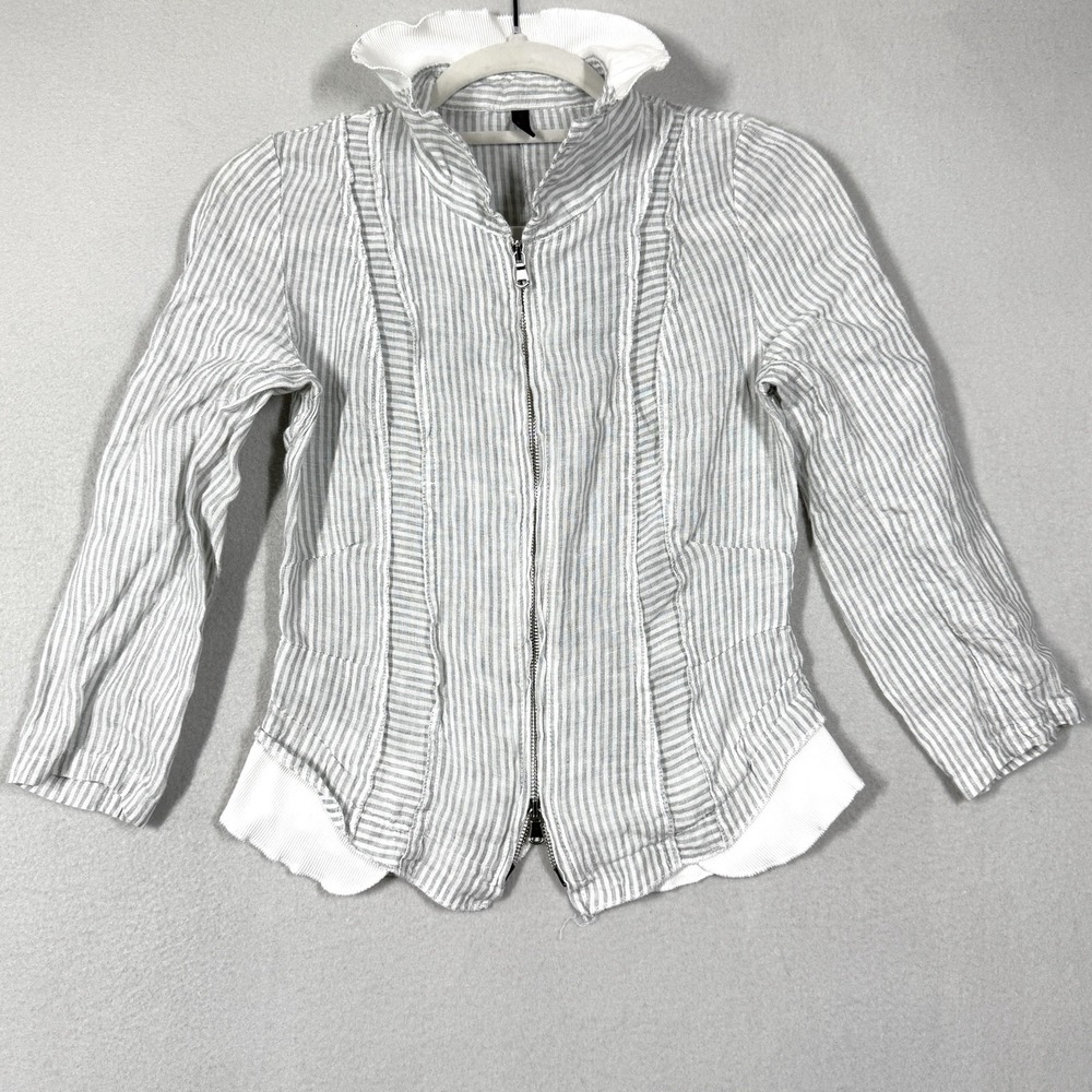 Inizio Jacket Women Small Gray Stripe Linen Made In Italy Ruffle Collar Full Zip